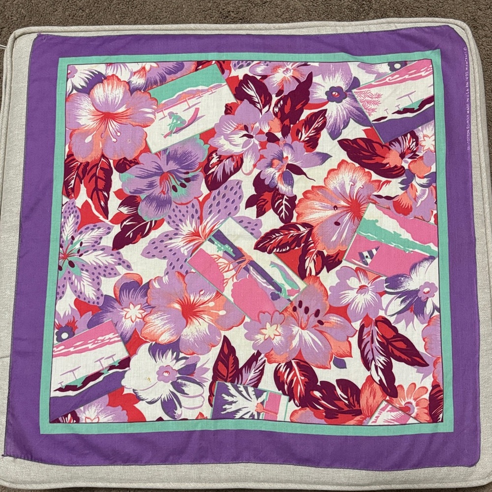 Vintage Cotton Blend Tropical Print Scarf-21x22-Purple/Pink/Turquoise - Picture 3 of 11